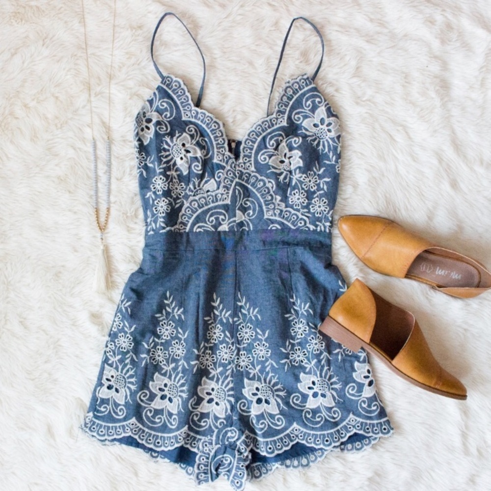 embroidered denim romper